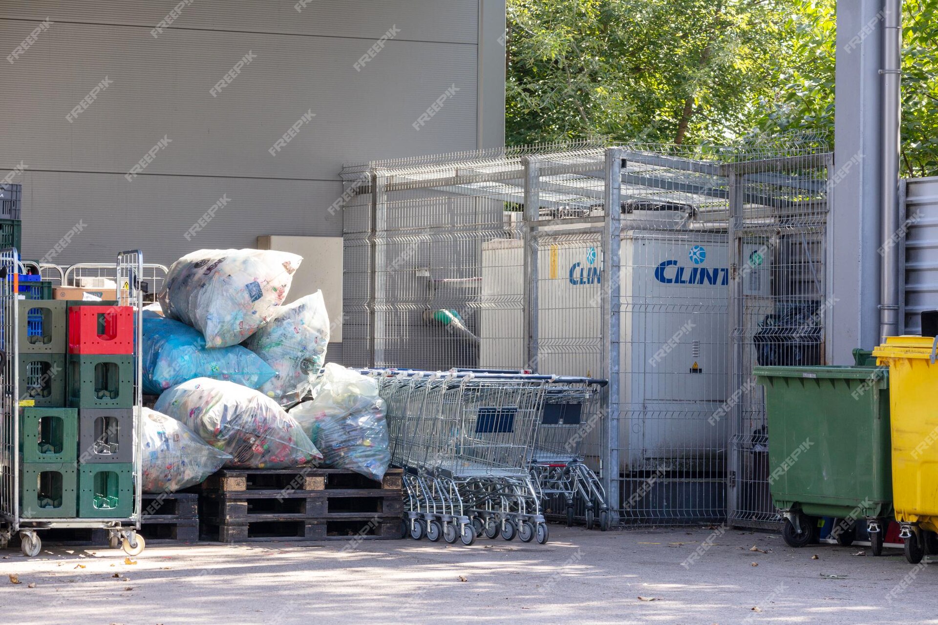 Retail Store Rubbish Removal with many waste containers garbage bags