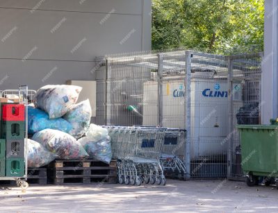 Retail Store Rubbish Removal with many waste containers garbage bags